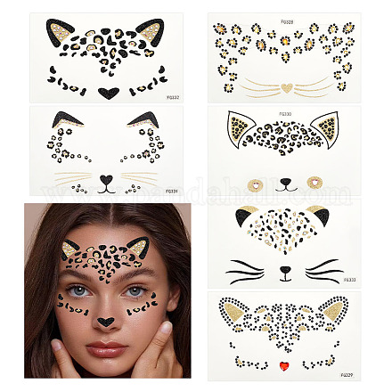 OLYCRAFT 6 Sheets Crystal Cat Face Jewels 3.1x5.1 Inch Acrylic Rhinestone Stickers Temporary Leopard Tattoo Stickers Leopard Face Stickers Removable Stickers for Women Art Party Decor DIY-OC0011-55-1