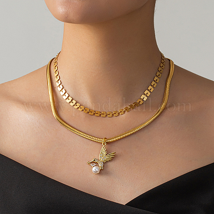 Винтажные латунные микропаве прозрачные кубические цирконии подвеска птица двухслойные ожерелья для женщин IY2746-1