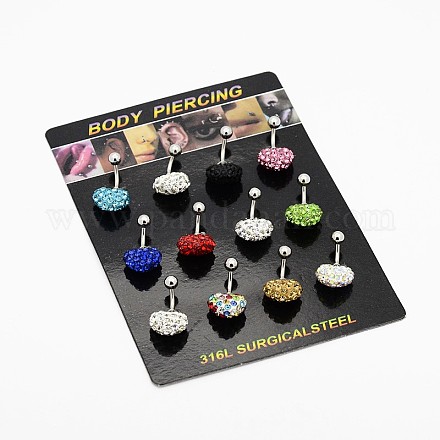 Fashionable 316L Stainless Steel Polymer Clay Rhinestone Heart Body Jewelry Eyebrow Rings/Nose Studs/Belly Rings AJEW-E011-05-1