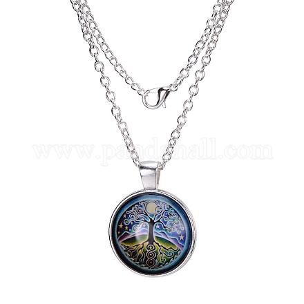Flat Round with Tree Under The Sky of Star & Moon Glass Alloy Pendant Necklaces X-NJEW-N0051-047G-02-1