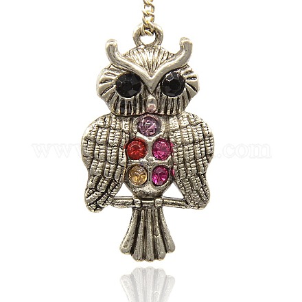 Antique Silver Alloy Rhinestone Owl Pendants for Halloween Jewelry ALRI-J059-37AS-1