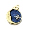 Brass Micro Pave Cubic Zirconia Pendants, with Enamel, Flat Round, Real 16K Gold Plated, Prussian Blue, Moon & Star, 23x19.5x3mm