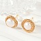 Flat Round Brass Imitation Pearl Stud Earrings, Real 14K Gold Plated, 13x12.5mm