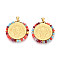 304 Stainless Steel Pendants, Flat Round with Saint Benedict, with Glass Beads, Ion Plating(IP), Real 18K Gold Plated, Faceted, Colorful, 31x31x3mm, Hole: 5x3.5mm