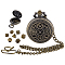 Vintage Alloy Flat Round Hollow Pocket Watch with Brass Curb Chain, Clips and 7Pcs Dices, Antique Bronze, 440mm