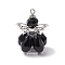 Faceted Glass Pendants, Angel Charm, with Antique Silver Alloy Wing and Platinum Iron Loop & Glass Seed Beads & Glass Pearl Beads, Black, 31x22x21mm, Hole: 1.6mm