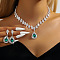 Teardrop Brass Rhinestone Pendant Necklace & Stud Dangle Earrings Sets for Women, Platinum, Emerald, 360mm