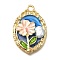 Alloy Enamel Pendants, with ABS Imitation Pearl, Oval with Flower, Rack Plating, Long-Lasting Plated, Lead Free & Cadmium Free & Nickel Free, Golden, Dodger Blue, 31x21x4.5mm, Hole: 2.2mm