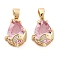 Glass Pendants, Teardrop Pendants, with Real 18K Gold Plated Brass Findings, Pink, 19~20x12x9mm, Hole: 5x3~4mm.