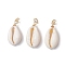 Natural Cowrie Shell Pendants, with Round Copper Jewelry Wire Loops, Golden, White, 26.5~28x13.5~14x7.5mm, Hole: 3.5mm