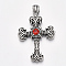 Alloy Big Pendants, with Rhinestone, Cross, Light Siam, Antique Silver, 65x41.5x8mm, Hole: 9.5x5mm
