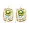 304 Stainless Steel Enamel Pendants, with with ABS Imitation Pearl, Rectangle with Flower Charm, Golden, Yellow Green, 25.5x18x5mm, Hole: 1.5mm