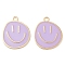 Alloy Enamel Pendants, Cadmium Free & Lead Free, Golden, Flat Round with Smiling Face Charm, Plum, 24.5x19.5x1.5mm, Hole: 2mm
