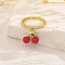 Fruit Pendant Brass Micro Pave Cubic Zirconia Finger Rings for Women, Golden, Cherry, 13x11mm, Inner Diameter: 16mm~19mm