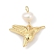 Natural Cultured Freshwater Pearl & Brass Pendants, Bird Charms, Rack Plating, Cadmium Free & Lead Free, Long-Lasting Plated, Real 18K Gold Plated, Real 18K Gold Plated, 23x18x7.5mm, Hole: 2mm
