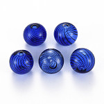 Transparent Handmade Blown Glass Globe Beads, Stripe Pattern, Round, Blue, 12.5~13.5mm, Hole: 1~2mm
