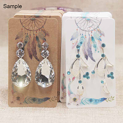 厚紙のピアスディスプレイカード  織りネット/ウェブと羽模様の長方形  ホワイト  9x5x0.04cm  穴：1.5mm&nbsp;X-CDIS-F003-08A