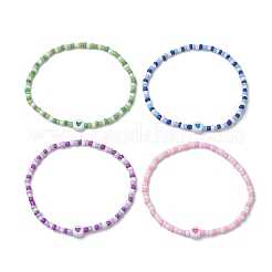 4 braccialetto elasticizzato con perline di semi di vetro e cuore acrilico in 4 colori&nbsp;BJEW-JB10528