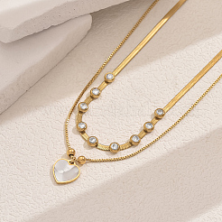 Двухслойное ожерелье из нержавеющей стали 201 с подвеской в форме сердца из натуральных ракушек и хрустальных страз для элегантных дамских вечеринок и свиданий VQ9886