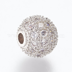 真鍮製マイクロパヴェキュービックジルコニアビーズ  ラウンド  プラチナ  透明  8mm  穴：1.5mm&nbsp;LS-ZIRC-E134-8mm-04P