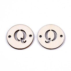 未完成の天然ポプラ材リンクコネクター  レーザー切断  単語とフラットラウンド  文字.q  29.5x2.5mm  穴：2.5mm&nbsp;WOOD-S045-140B-01Q