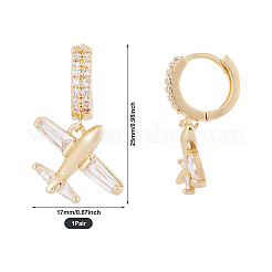 1 пара серег-колец в форме самолета из латуни с прозрачным кубическим цирконием&nbsp;EJEW-TA0008-60