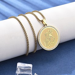 女性用ステンレススチールラインストーンペンダントネックレス201個  フラットラウンド  18KGP本金メッキ  23.50インチ（59.7cm）  ペンダント：37.8x34.8mm。&nbsp;NJEW-U021-03G
