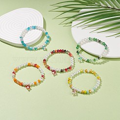 Эластичный браслет из стеклянных жемчужин и цветочных бусин с колокольчиком для женщин BJEW-JB08513