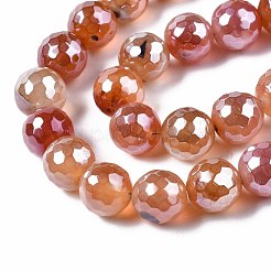 天然石瑪瑙ビーズ連売り  パール光沢メッキ  多面カット  ラウンド  ダークサーモン  12mm  穴：1.6mm  約30~33個/連  13.70~15.75インチ（34.8~40cm）&nbsp;G-Q998-014E