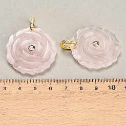 天然石ローズクォーツペンダント  花のチャーム  真鍮パヴェキュービックジルコニア留め  ゴールドカラー  34.5~35x34~35x9mm  穴：6.5x9mm&nbsp;GG-CBA4625-05G-04
