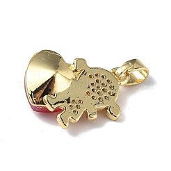 リアル 18k ゴールドメッキラックメッキ真鍮マイクロパヴェクリアキュービックジルコニアペンダント  ガラスと  長持ちメッキ  カドミウムフリー＆鉛フリー  ハートのチャーム付き女の子  レッド  20.8x17x8mm  穴：6x3mm&nbsp;KK-C015-23G-06