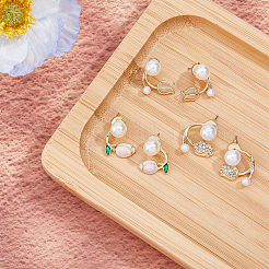 3 пара 3-х стильных серег-гвоздиков в форме тюльпана со стразами и пластиковыми жемчужными бусинами EJEW-FI0001-51