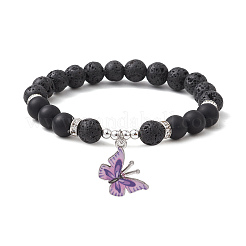 Эластичный браслет с круглыми бусинами из натурального лавового камня и черного агата&nbsp;BJEW-JB10010