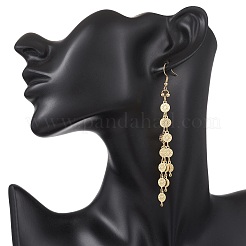 Плоские круглые латунные серьги-подвески с цепочкой и кисточкой&nbsp;EJEW-JE06928