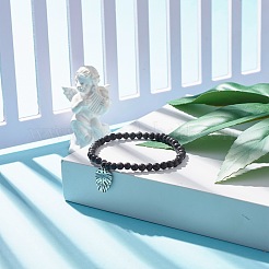Bracciale elasticizzato in pietra lavica naturale con perline rotonde e charm foglia&nbsp;BJEW-JB07587-03