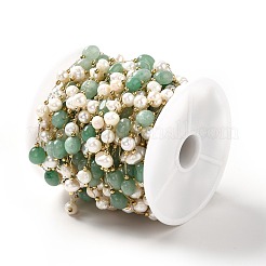 Цепочки из бисера из натурального жемчуга и зеленого авантюрина CHS-B002-01G-09