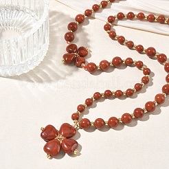 Collana con ciondolo a forma di trifoglio in diaspro rosso naturale per il giorno di San Patrizio&nbsp;NJEW-G202-02G-04