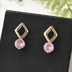 菱形とフラットラウンドい真鍮のマイクロパヴェキュービックジルコニアスタッドピアス（女性用）  カドミウムフリー＆鉛フリー  長持ちメッキ  ラックめっき  ゴールドカラー  パールピンク  13.5x7mm&nbsp;EJEW-G428-20G-04