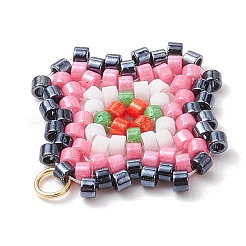 シードビーズ ビーズチャーム  304ステンレススチール製ジャンプリング付き  菱形ペンダント  ピンク  23.5x21.5x2mm  穴：2.5mm&nbsp;PALLOY-MZ00324-03