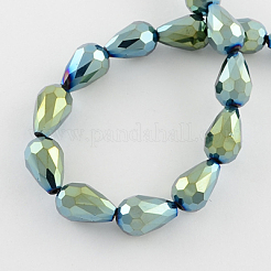 電気メッキガラスビーズ連売り  多面カット  ティアドロップ  メッキグリーン  12x8mm  穴：1mm  約60個/連  27.5インチ&nbsp;X-EGLA-R045-12x8mm-05