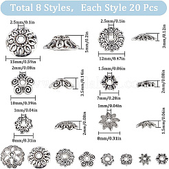 160 個 8 スタイルのチベットスタイル合金フラワービーズキャップ  アンティークシルバー  7~12x1.5~5mm  穴：1~2.5mm  20個/スタイル&nbsp;FIND-SC0008-74
