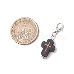 天然木の十字架ペンダント装飾  亜鉛合金カニカン付き  ブラック  37.5mm&nbsp;HJEW-JM03264-02