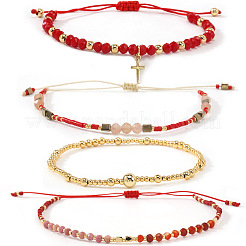 4 шт. Регулируемый плетеный браслет из натуральных смешанных драгоценных камней и стеклянных пластин&nbsp;VI8109-2