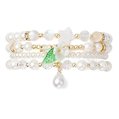 4шт 4 стиля круглые бусины из ракушек и жемчуга эластичные браслеты&nbsp;BJEW-JB12098