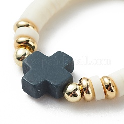 Heishi in argilla polimerica e ematite sintetica e anello da dito elasticizzato con perline incrociate in corallo sintetico per donna&nbsp;RJEW-JR00526