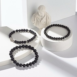 ナチュラルオブシディアン＆溶岩ロックラウンドビーズストレッチブレスレットセット  男性女性のためのクロスブラスマイクロパヴェキュービックジルコニアビーズブレスレット  プラチナ  内径：2-3/8インチ（6cm）  3個/セット&nbsp;BJEW-JB06982-04