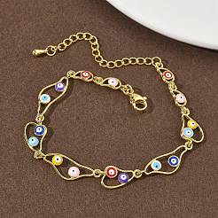 Латунные эмалевые плоские круглые звенья-цепочки с защитой от сглаза для женщин BJEW-G764-01G-02