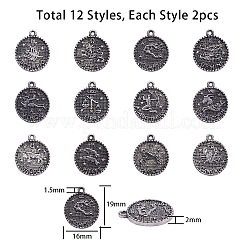 合金のチベット風チャーム  星座/星座とフラットラウンド  アンティークシルバー  アンティークシルバー  19x16x2mm  穴：1.5mm  24個/セット&nbsp;TIBEP-SC0001-13AS