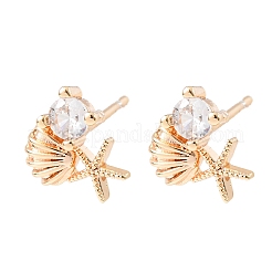 Seestern mit Muschelform Messing Micro Pave klare Zirkonia Ohrstecker&nbsp;EJEW-L278-05G