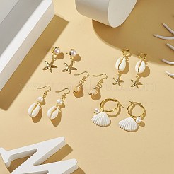 5 par de aretes colgantes de conchas naturales de 5 estilos con cuentas de perlas&nbsp;EJEW-TA00179